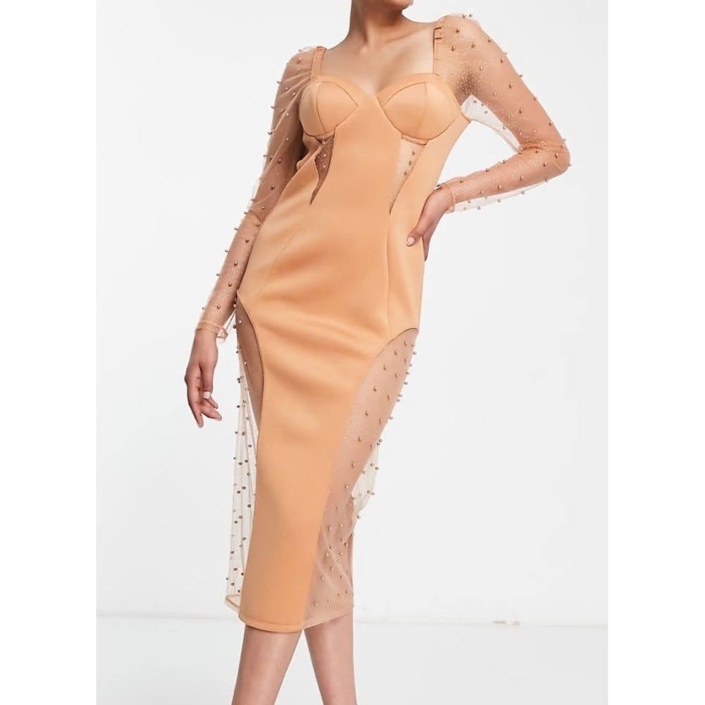 ASOS Design Womens Sz 8 Camel Midi Sheath Dress Glitter Mesh Pearls Bodycon NWT